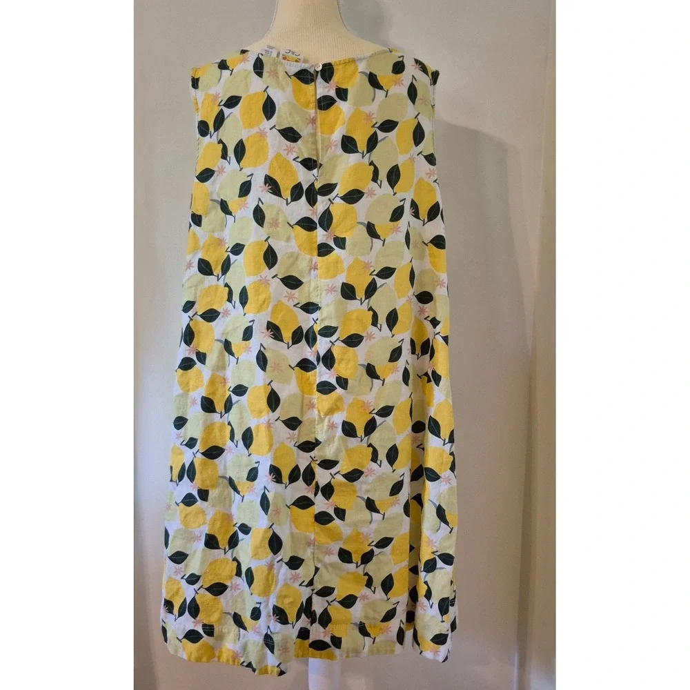 Lemon Fruit Print 2X Plus 100% Linen Shift Dress Sleeveless Pockets Euro Summer